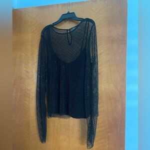Anthropologie Black Rhinestones Lined Mesh Top